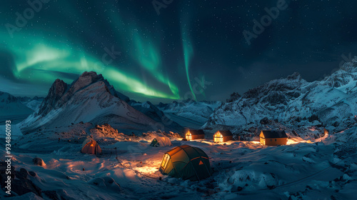 Camping Under the Northern Lights in a Snowy Mountain Valley