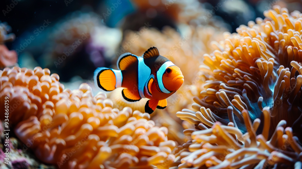 Anemonefish Swimming Among Coral in an Aquarium Anemonefish Swimming Among Coral in an Aquarium