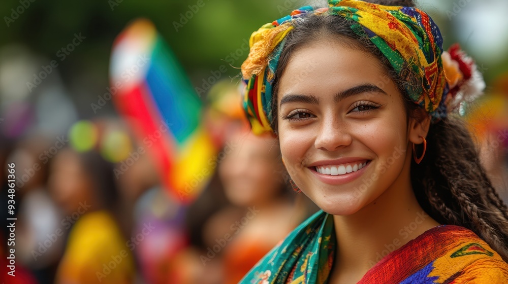 Fototapeta premium Global Unity Parade: A Colorful Celebration of Cultural Diversity with Flags and Vibrant Costumes