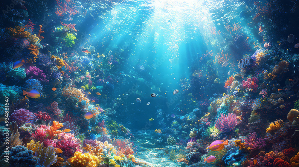 Seascape view of Colorful turtles in the blue ocean Seascape view of Colorful turtles in the blue ocean