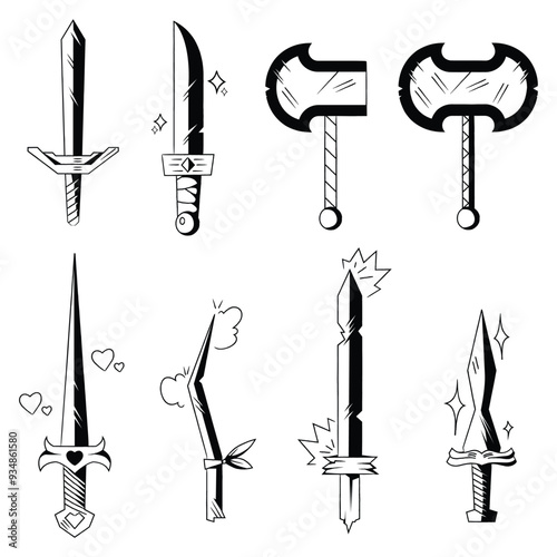 Minimalist sword, dagger, hammer, axe, and weapon adventure icon line art collection. captivating collection of hand-drawn adventure weapon line art. Iconic tattoo fantasy weapon