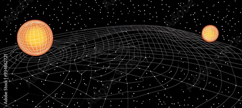 Vector illustration of a black hole with 3D particles on the brink of escape velocity where 2D spacetime distorts as they are drawn back into the gravitational pull photo