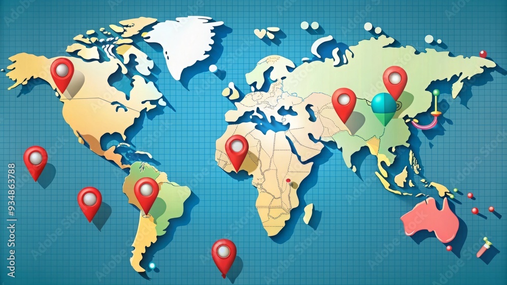 Digital map with pins and markers showing location tracking and travel ...