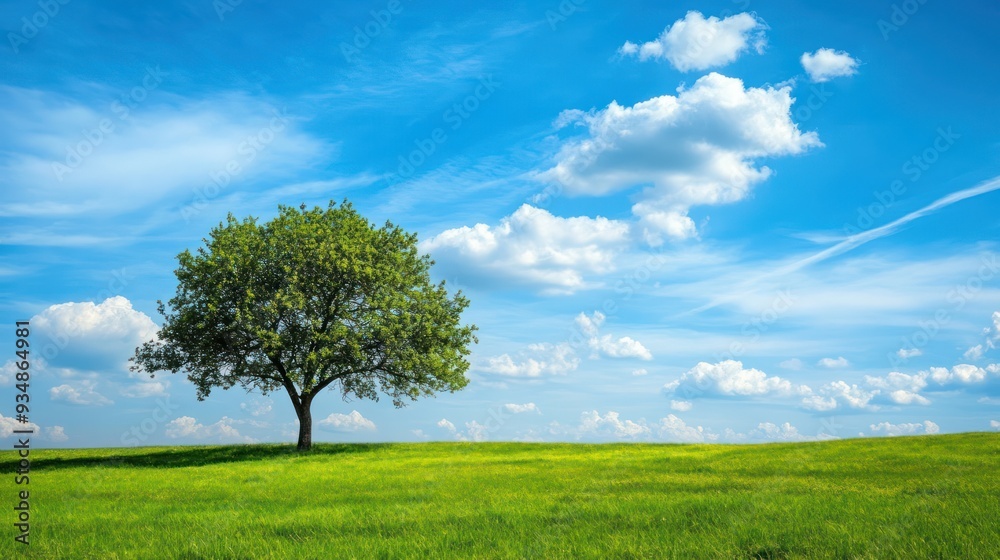 Solitary Tree in a Green Meadow Against a Blue Sky with White Clouds Solitary Tree in a Green Meadow Against a Blue Sky with White Clouds