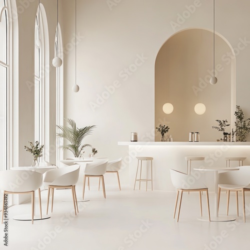 A minimalist caf? interior with white chairs, wooden legs, round pendant lights, tall windows, and an archway, embodying a sleek and modern design aesthetic.