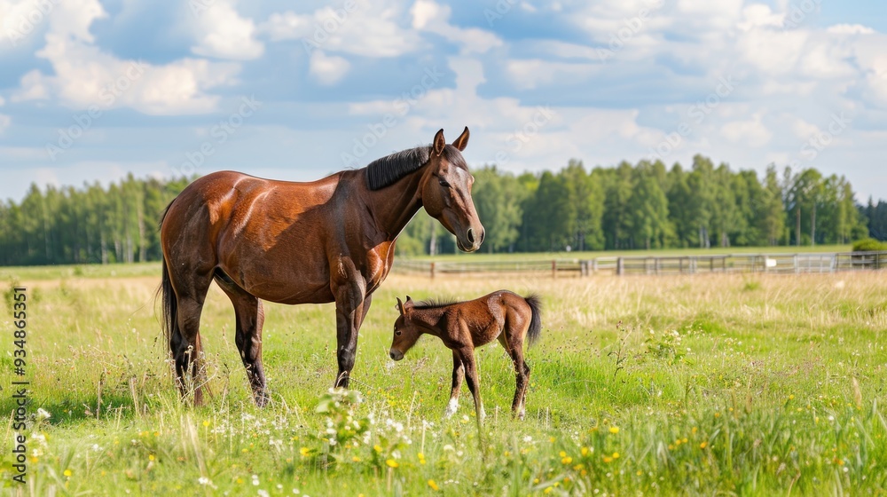 Mother horse and foal grazing in a green meadow. Mother horse and foal grazing in a green meadow.