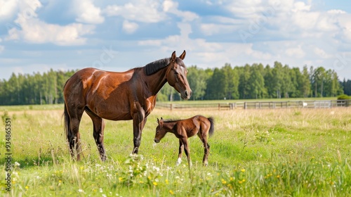 Mother horse and foal grazing in a green meadow.