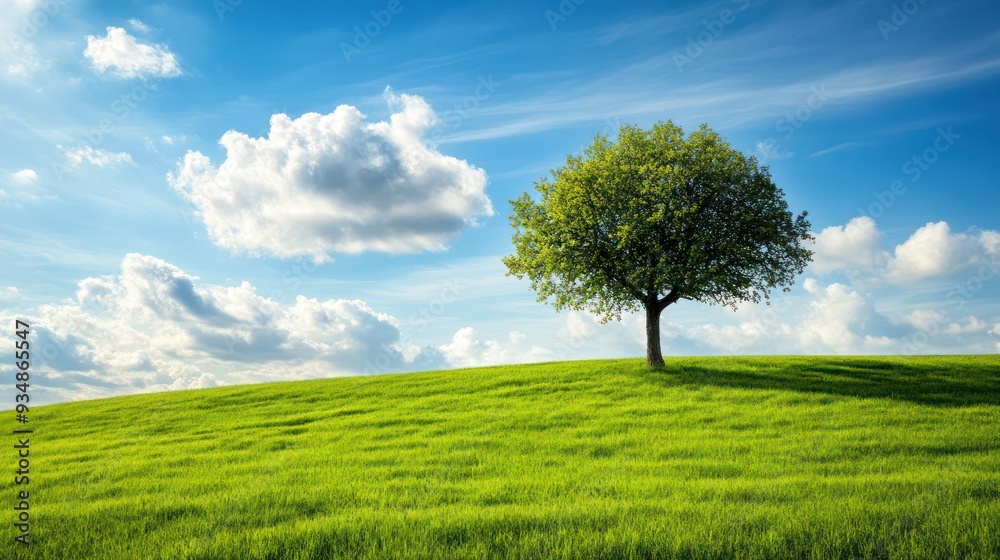 Solitary Tree on a Green Hill Against a Blue Sky Solitary Tree on a Green Hill Against a Blue Sky