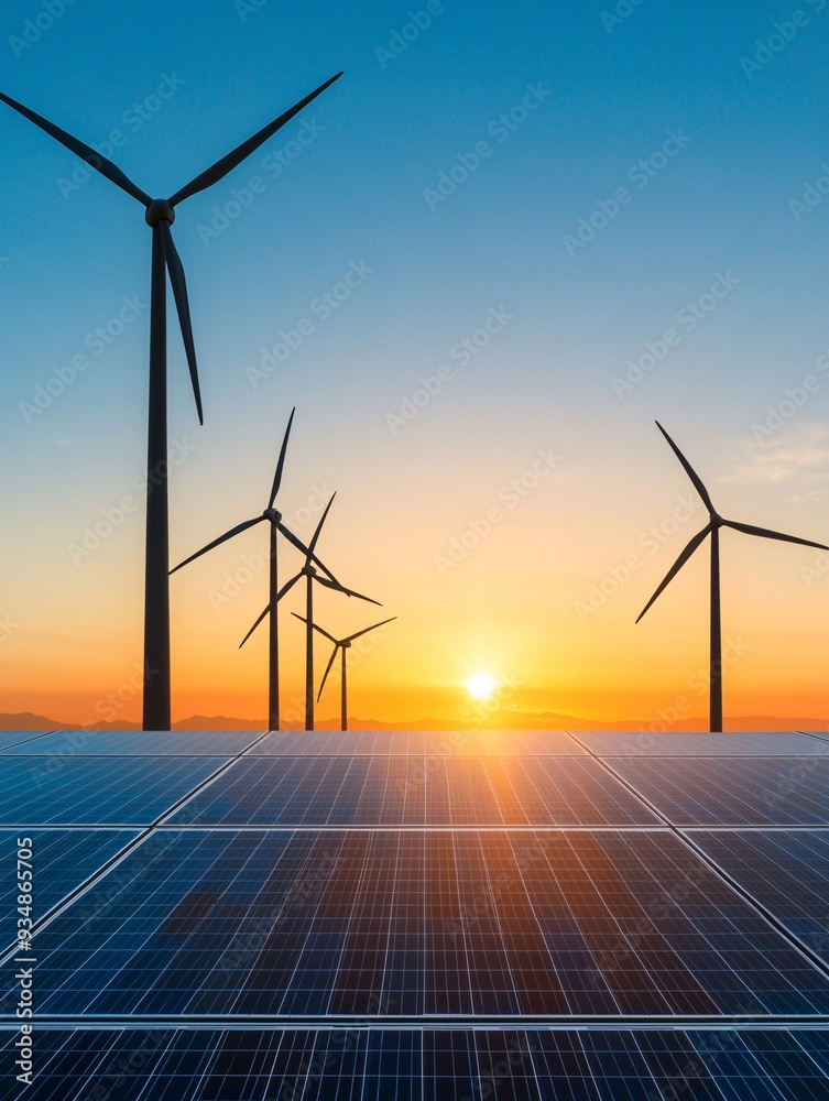A clean energy power plant with solar panels and wind turbines, set against a bright horizon. The image includes generous copy space in the sky for text or additional design elements. A clean energy power plant with solar panels and wind turbines, set against a bright horizon. The image includes generous copy space in the sky for text or additional design elements.
