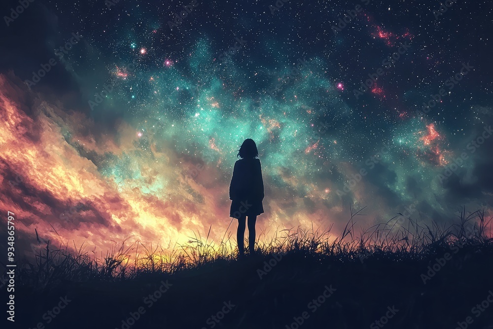 Fototapeta premium Silhouetted figure standing on a hill against a vibrant, colorful night sky