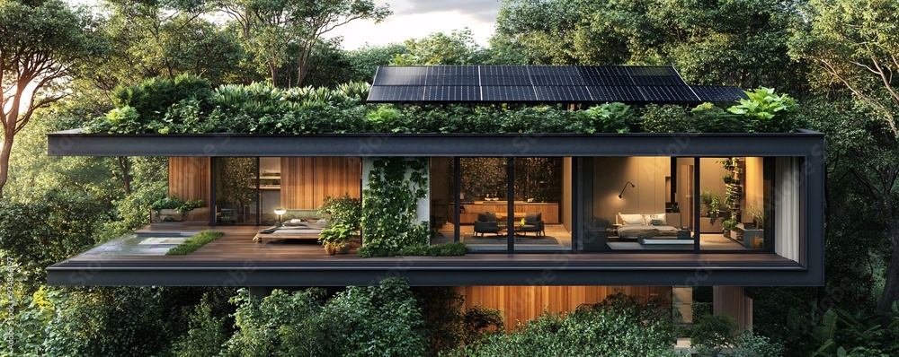 A modern eco-friendly house with a rooftop garden and solar panels, surrounded by trees, magazine photography style A modern eco-friendly house with a rooftop garden and solar panels, surrounded by trees, magazine photography style