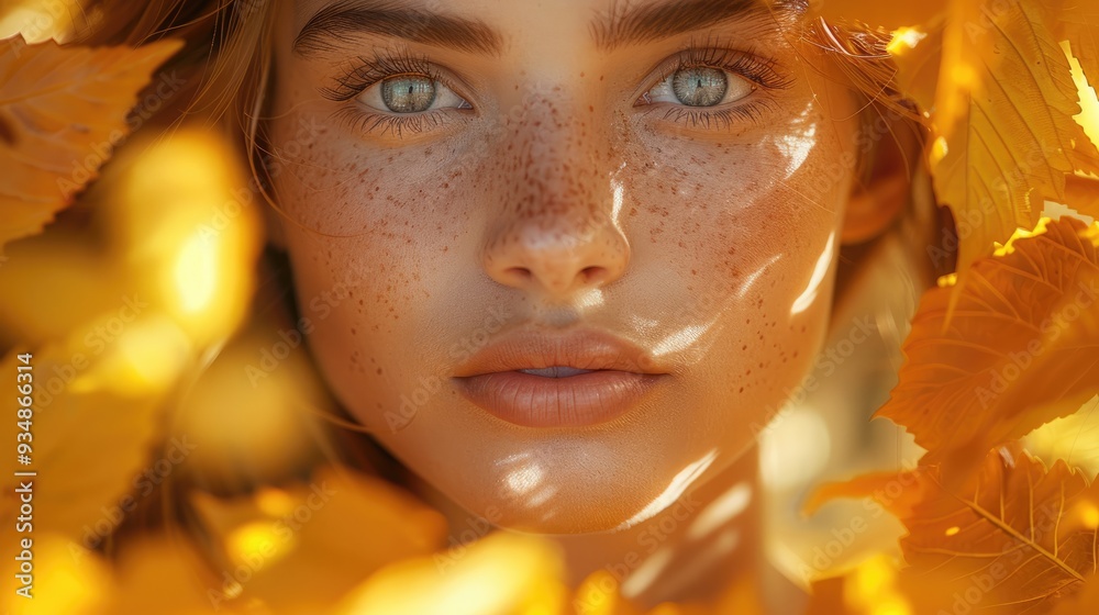 Beautiful Caucasian woman surrounded golden leaves outdoor in autumnal park. Beautiful Caucasian woman surrounded golden leaves outdoor in autumnal park.