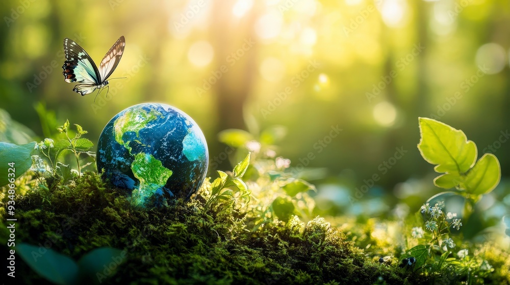 A small globe sits on moss with a butterfly flying in front of it. 