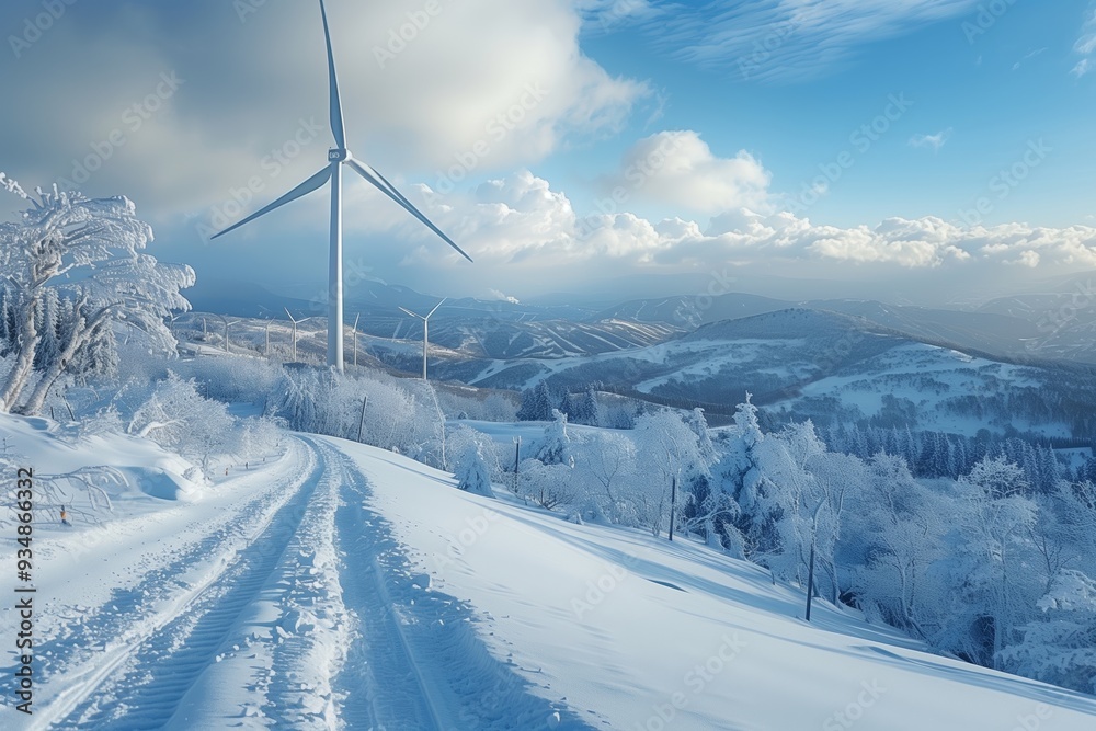 Scenic Winter Landscape Featuring Wind Turbines on a Snowy Mountain Road Scenic Winter Landscape Featuring Wind Turbines on a Snowy Mountain Road