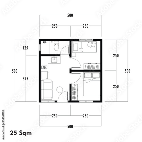 Floor plan blueprint type 25 sqm, Figure of the jotting sketch of the construction and the industrial skeleton of the structure and dimensions.