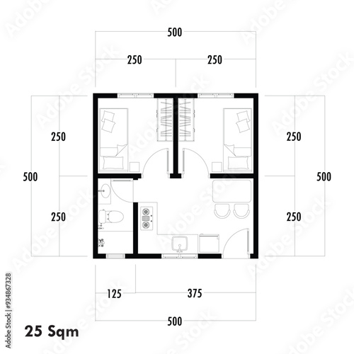 Floor plan blueprint type 25 sqm, Figure of the jotting sketch of the construction and the industrial skeleton of the structure and dimensions.