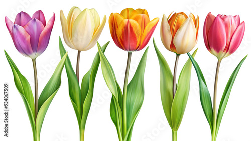 set of tropical tulip flowers isolated on white background.
