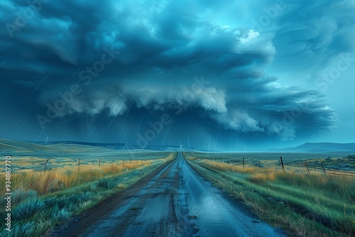 Dramatic Storm Clouds Gather Over Open Plains With Wet Road Leading Towards Mountains