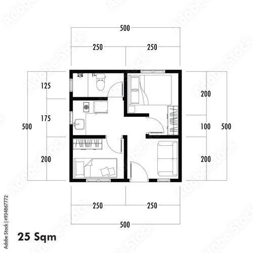 Floor plan blueprint type 25 sqm, Figure of the jotting sketch of the construction and the industrial skeleton of the structure and dimensions.