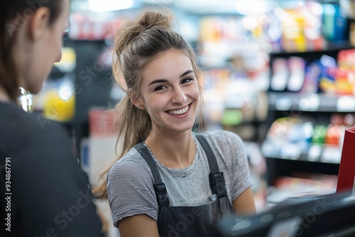 A retail salesperson smiling and providing excellent customer service