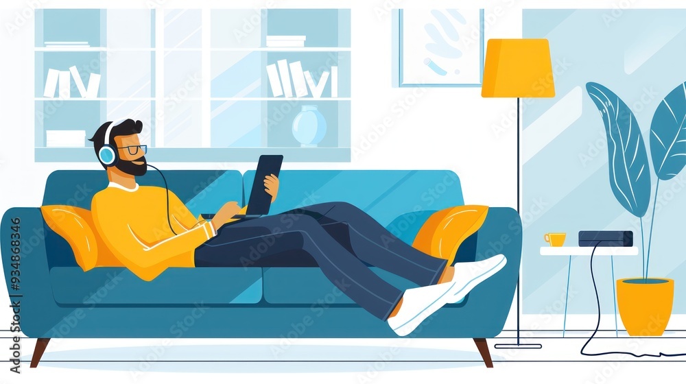 Man relaxing on couch with laptop and headphones. Man relaxing on couch with laptop and headphones.