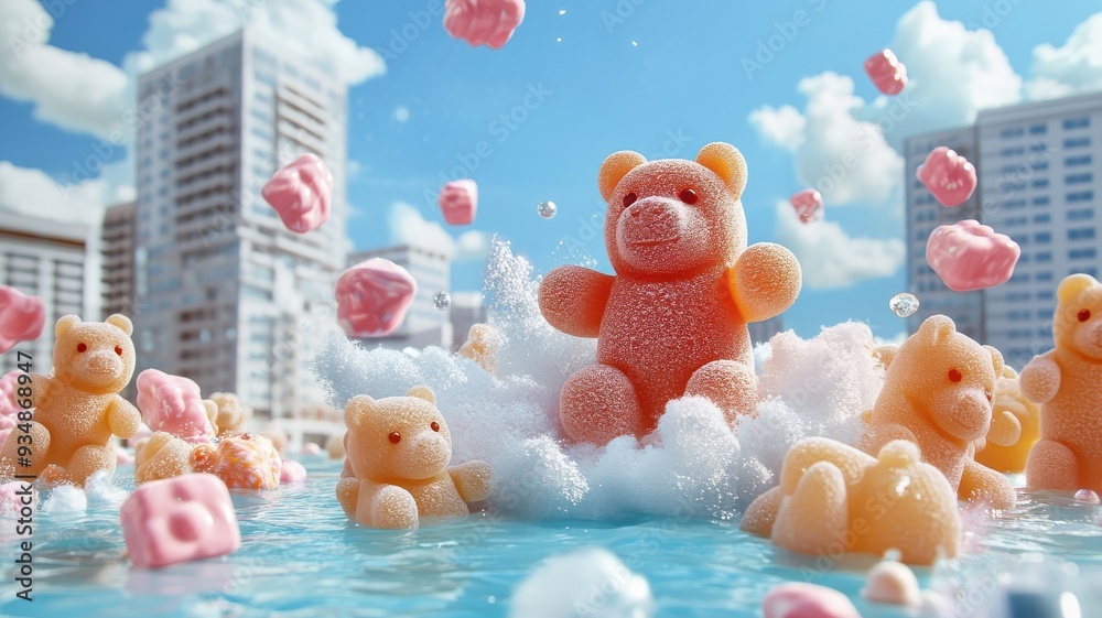 Fototapeta premium Giant gummy bears in a candy-coated city, colors blending with surroundings.