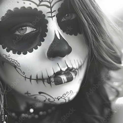 Black and White Photography of Beautiful Woman with Sugar Skull Makeup | AgfaColor Neu Style photo