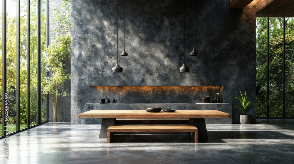 Modern dining area with a wooden table and natural light. Modern dining area with a wooden table and natural light.