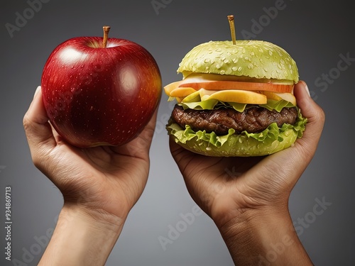 hand holding a burger and apple