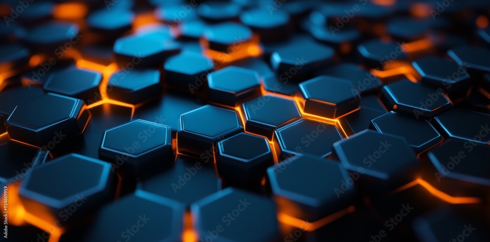 Abstract background with glowing hexagons in blue tones. Abstract background with glowing hexagons in blue tones.