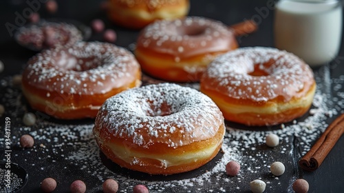 Sweet donuts with powdered sugar and a glass of milk photographed on a black background