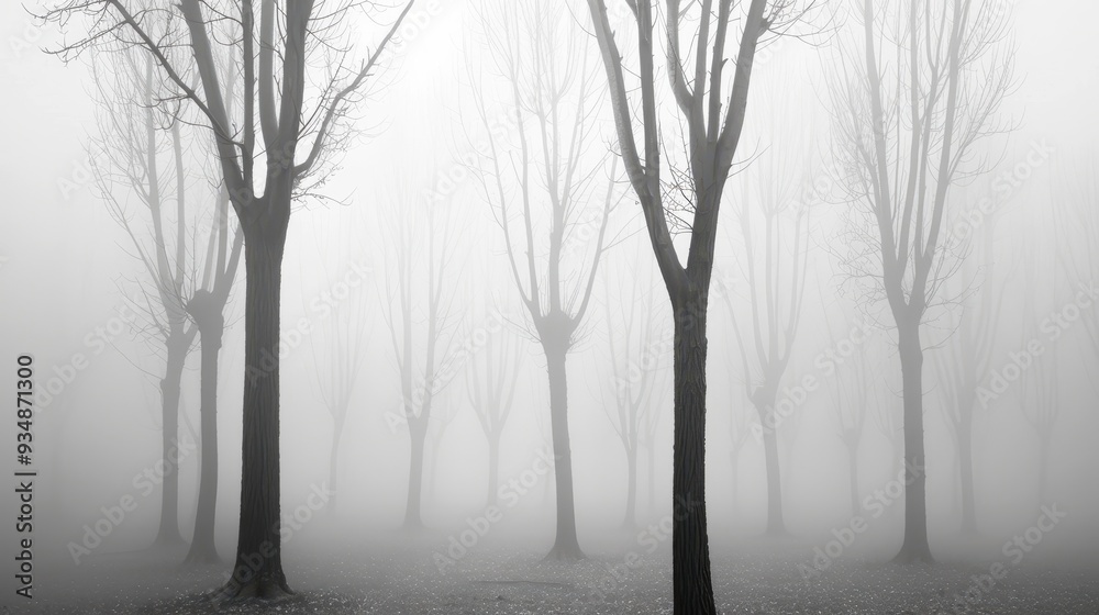 Misty forest enveloped in dense fog, monochrome landscape highlighting the ethereal beauty of nature's shadows and silhouettes, creating a serene and mysterious atmosphere. Misty forest enveloped in dense fog, monochrome landscape highlighting the ethereal beauty of nature's shadows and silhouettes, creating a serene and mysterious atmosphere.