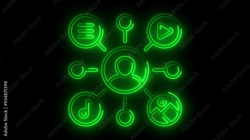Glowing  Digital Content Network, Neon Multimedia Distribution, Connected User Profile Icon, Social Media Content Management, Digital Media Hub