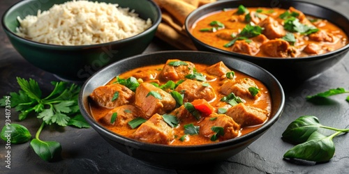 Chicken tikka masala and spinach curry in a sleek black bowl on background