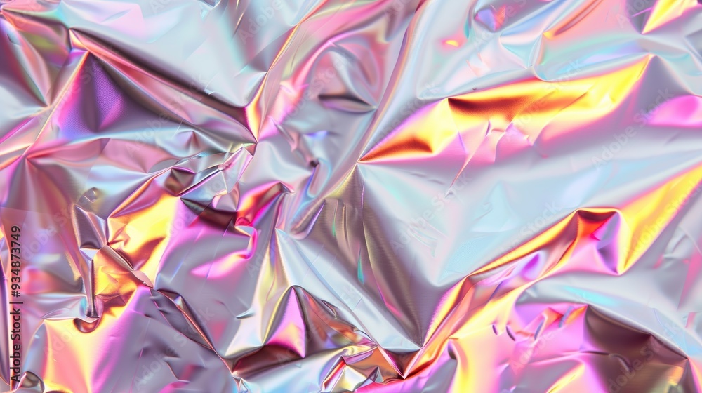 Iridescent Silver Holographic Foil Texture, a seamless vaporwave background featuring a crumpled chrome effect, pastel rainbow prism, and retro 80s cyberpunk style. Iridescent Silver Holographic Foil Texture, a seamless vaporwave background featuring a crumpled chrome effect, pastel rainbow prism, and retro 80s cyberpunk style.