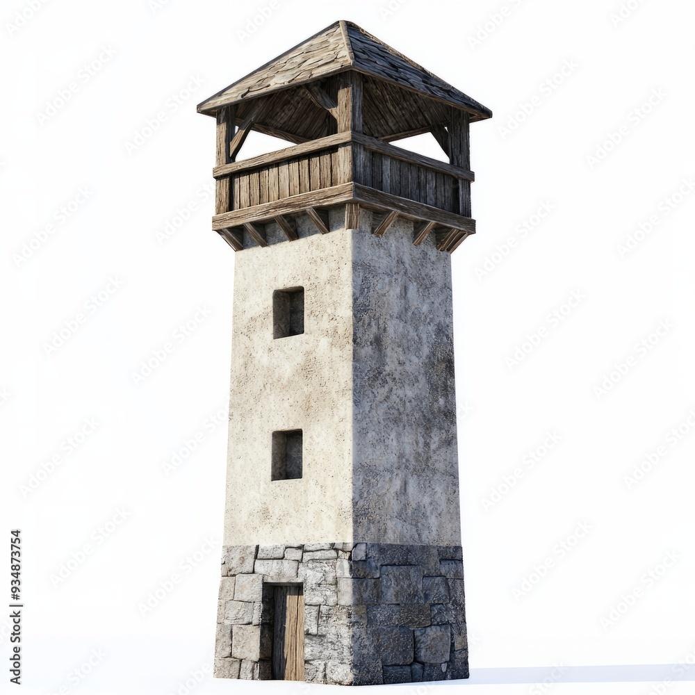 3D Render of a castle watchtower with a reinforced stone base and wooden upper levels, on isolated white background 3D Render of a castle watchtower with a reinforced stone base and wooden upper levels, on isolated white background