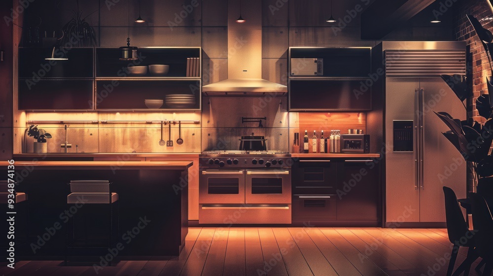 Modern kitchen interior with warm lighting.