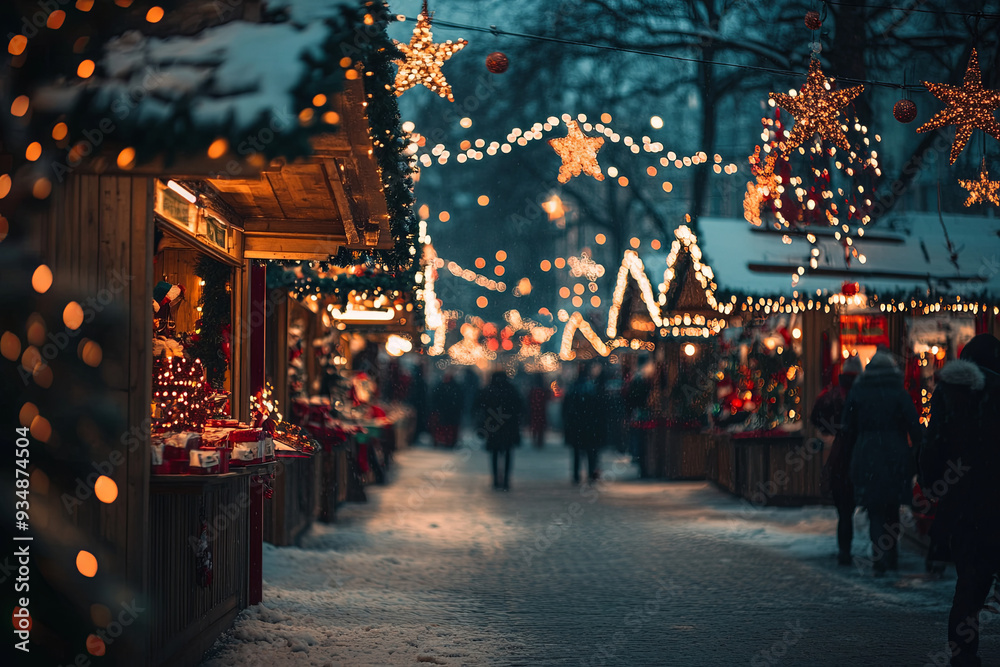 Obraz premium Christmas market with lights and festive decorations