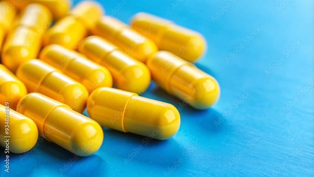 Close up of yellow pills on blue background with copy space Close up of yellow pills on blue background with copy space
