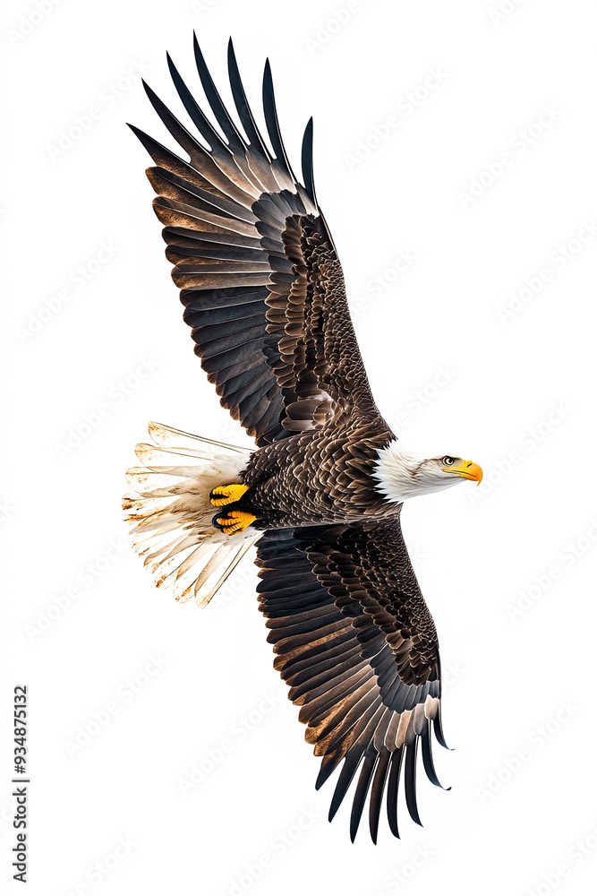 Obraz premium Bald eagle soaring against a white background