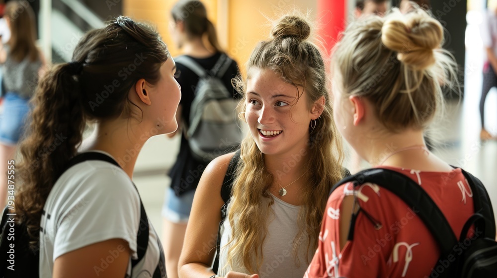 Three young girls talking and smiling at each other Three young girls talking and smiling at each other