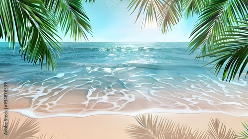 Beach with ocean and palm leaves isolated on transparent background