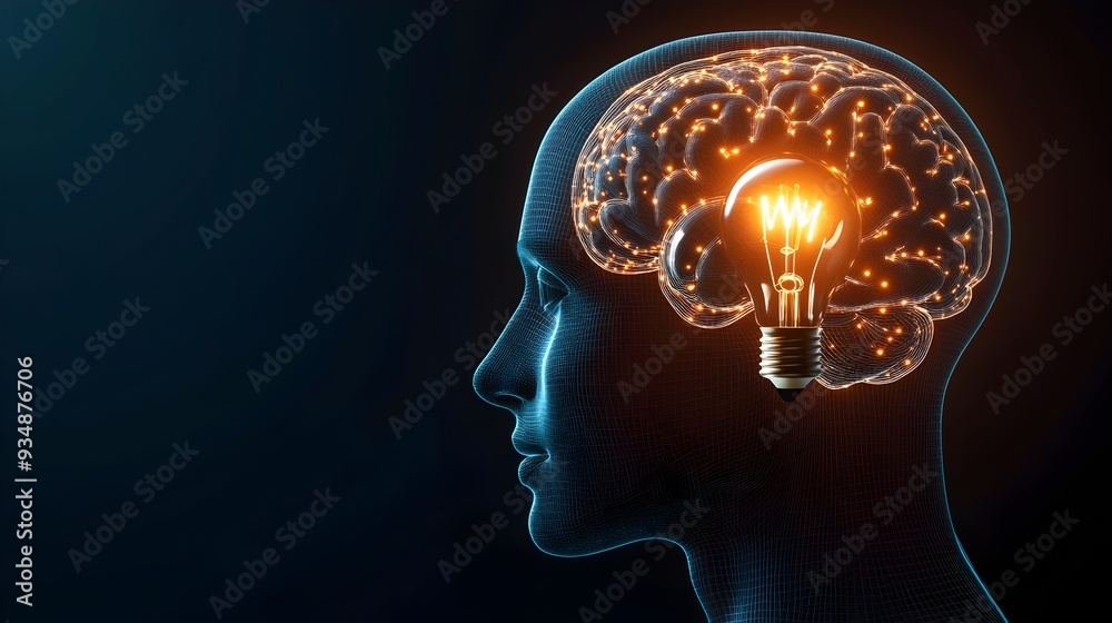 Obraz premium 3D rendering of a human head with a glowing lightbulb inside,symbolizing the power of the brain,creative thinking,and marketing insights.
