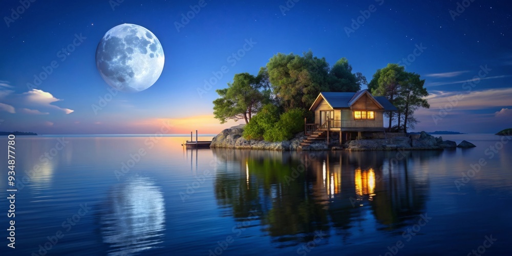 Cozy island house surrounded by water and trees at night with moonlight reflecting off the ocean's surface Cozy island house surrounded by water and trees at night with moonlight reflecting off the ocean's surface