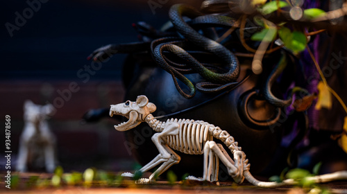 Halloween holiday. Halloween pumpkin and skeleton for decorated house. Scary Decorated at front yard of a American home. Trick or treat. Halloween background. Autumn holiday of Halloween.