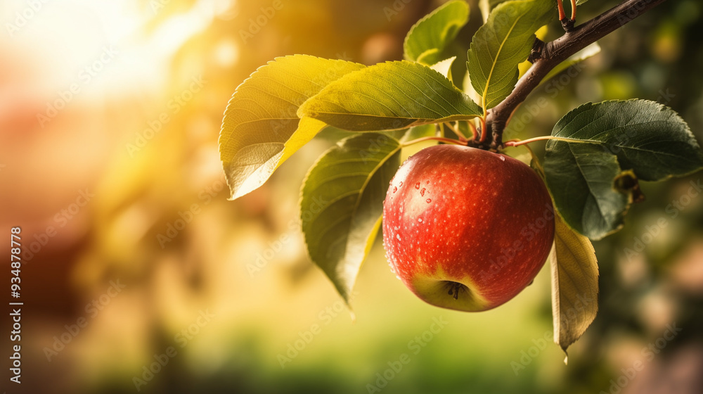 Obraz premium A vibrant red apple is suspended from a branch, surrounded by glossy green leaves, capturing the beauty of a sunny outdoor setting at sunset, harvest mood, copy space