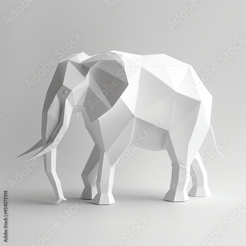 A stylized white geometric elephant sculpture, showcasing modern artistic design with clean lines and a minimalist aesthetic.