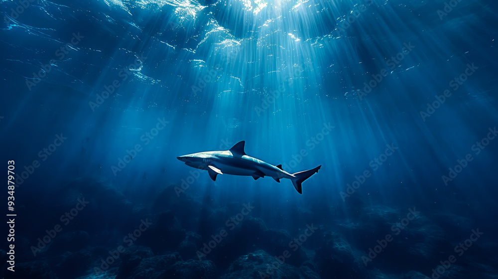 A lone shark swims through a sunlit ocean. A lone shark swims through a sunlit ocean.