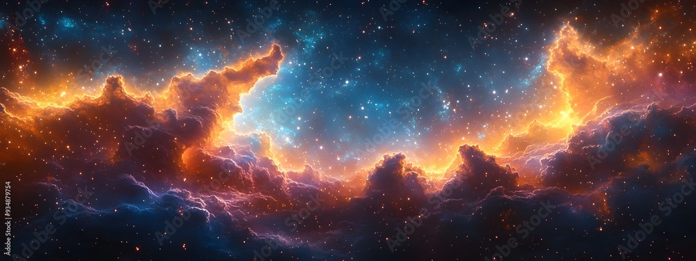 Fototapeta premium An immense galactic tapestry,glistening with stardust and colossal interstellar structures,showcases celestial events in a retrofuturistic space odyssey. This digital painting.