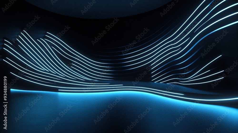 3D render of a neon background with glowing wavy lines and dark walls illuminated with LED lamps, futuristic blue wallpaper 3D render of a neon background with glowing wavy lines and dark walls illuminated with LED lamps, futuristic blue wallpaper